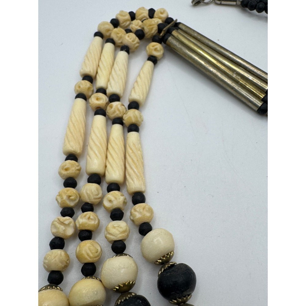 Vintage Multi-Strand Carved Bead Statement Necklace Cream Black Bone Flowers - Picture 5 of 6